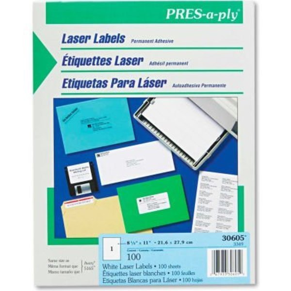 Avery Avery® Pres-A-Ply Laser Address Labels, 8-1/2 x 11, White, 100/Box 30605